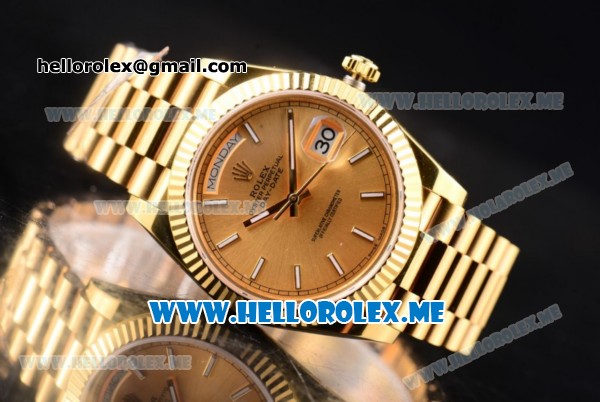 Rolex Day-Date II Clone Rolex 3135 Automatic Yellow Gold Case/Bracelet with Yellow Gold Dial and Stick Markers (BP) - Click Image to Close
